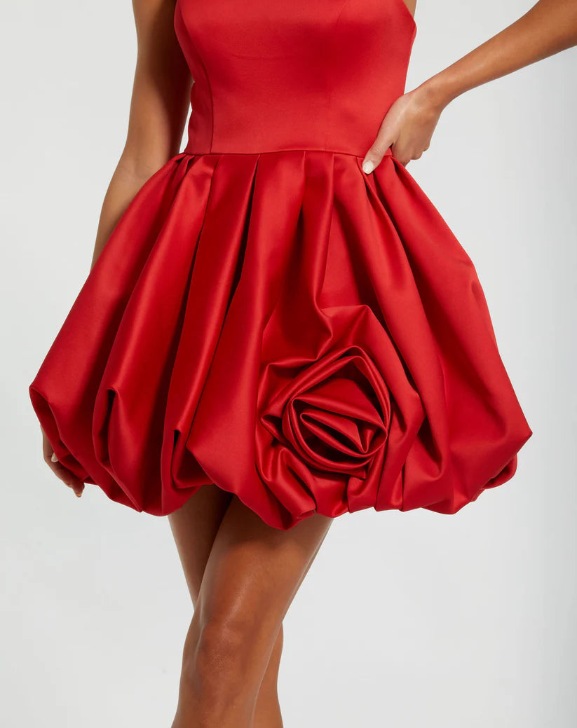 Mac Duggal Red Strapless Mini Dress With Rose Ruffle Detail Glasscock Boutique