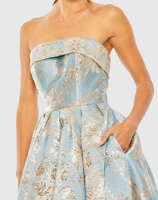 Mac Duggal Blue Strapless Brocade Midi Dress With Pockets Glasscock Boutique