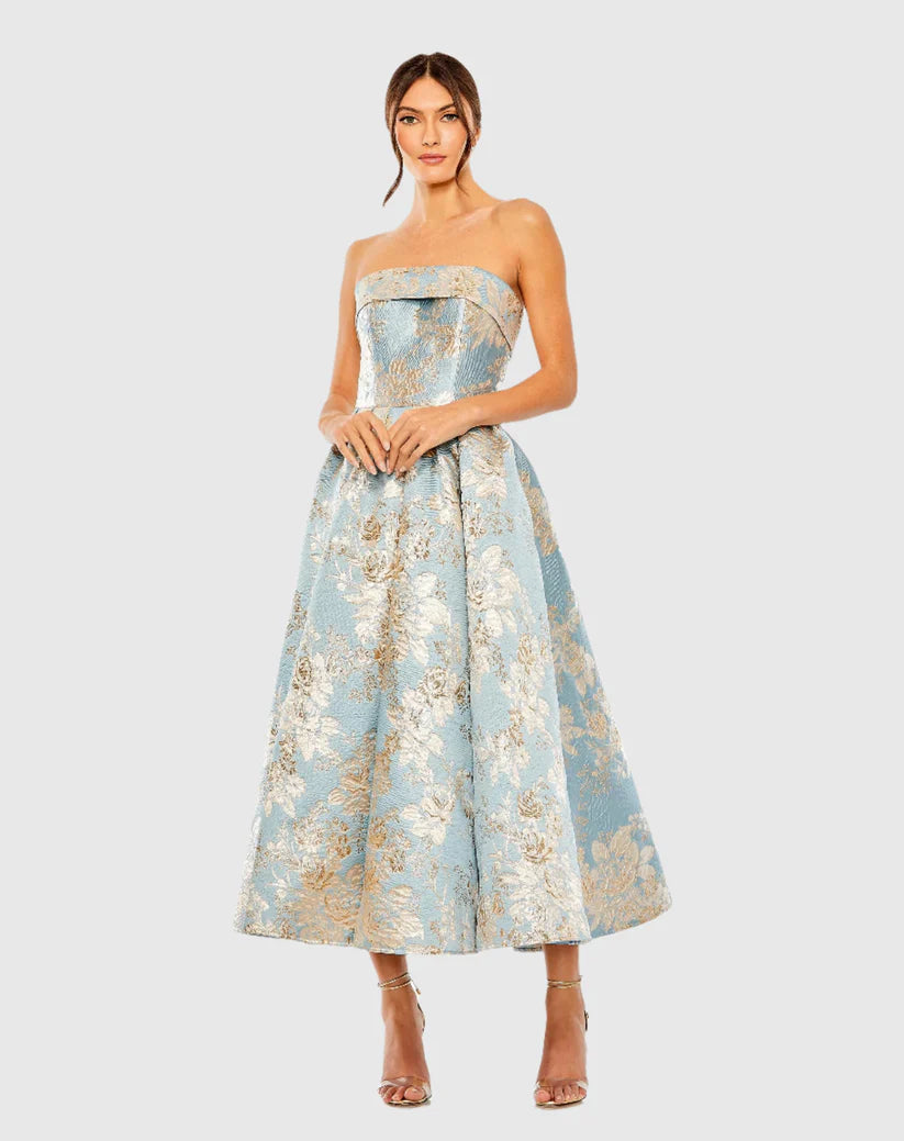 Mac Duggal Blue Strapless Brocade Midi Dress With Pockets Glasscock Boutique