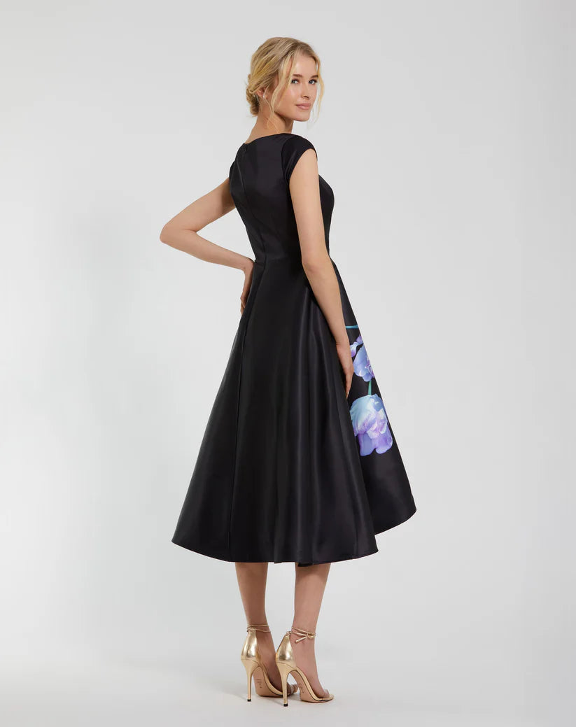 Mac Duggal Satin Cap Sleeve Midi Dress With Floral Print Glasscock Boutique