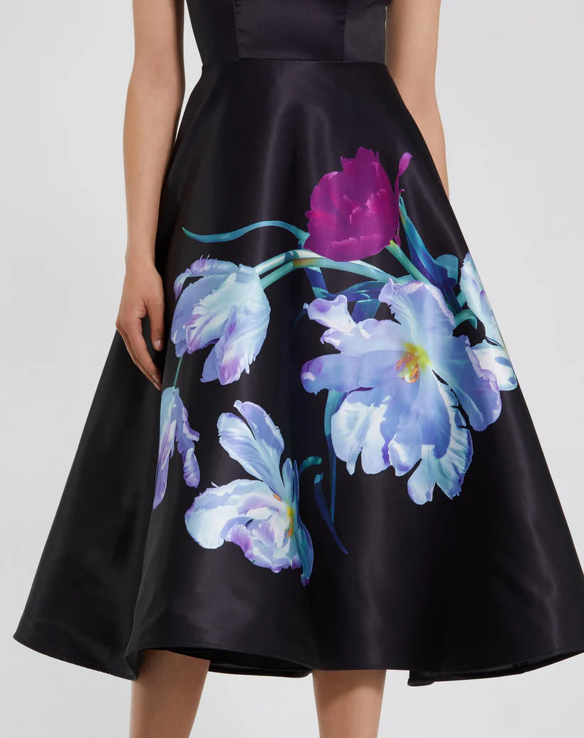 Mac Duggal Satin Cap Sleeve Midi Dress With Floral Print Glasscock Boutique