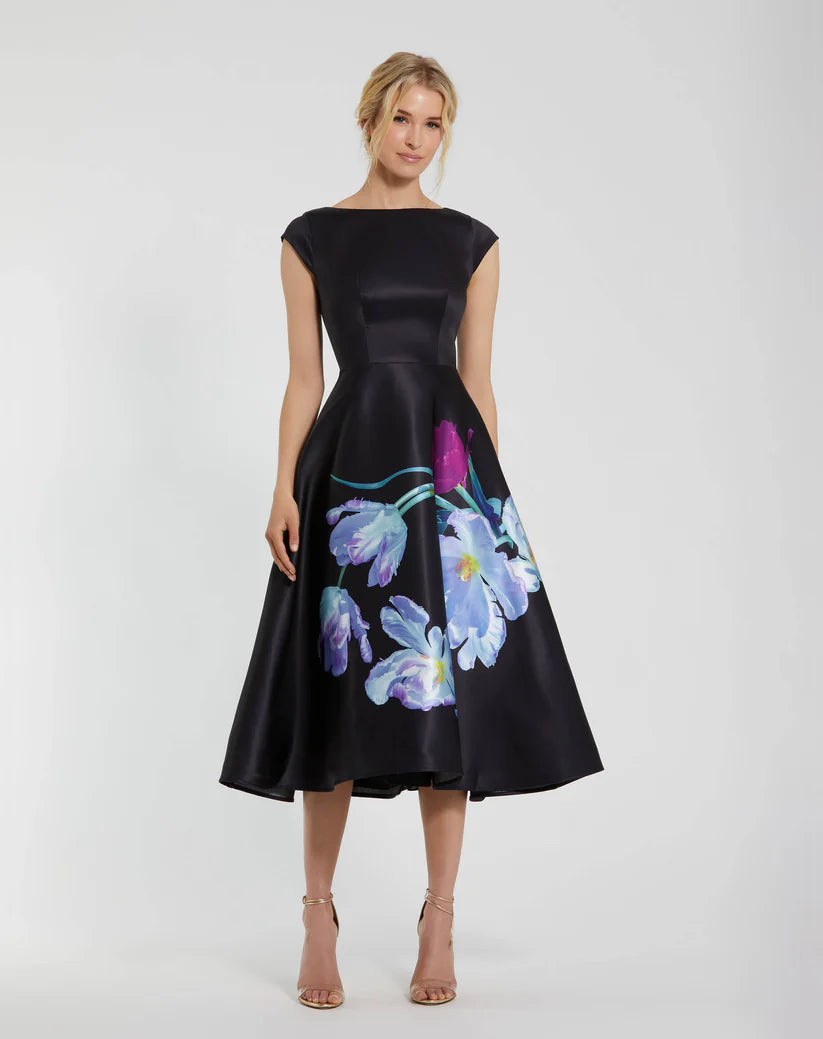Mac Duggal Satin Cap Sleeve Midi Dress With Floral Print Glasscock Boutique