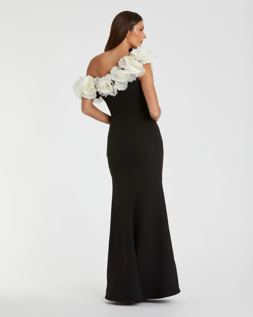 Mac Duggal Black And White Jersey Gown With 3D Flower Off The Shoulder Detail Glasscock Boutique