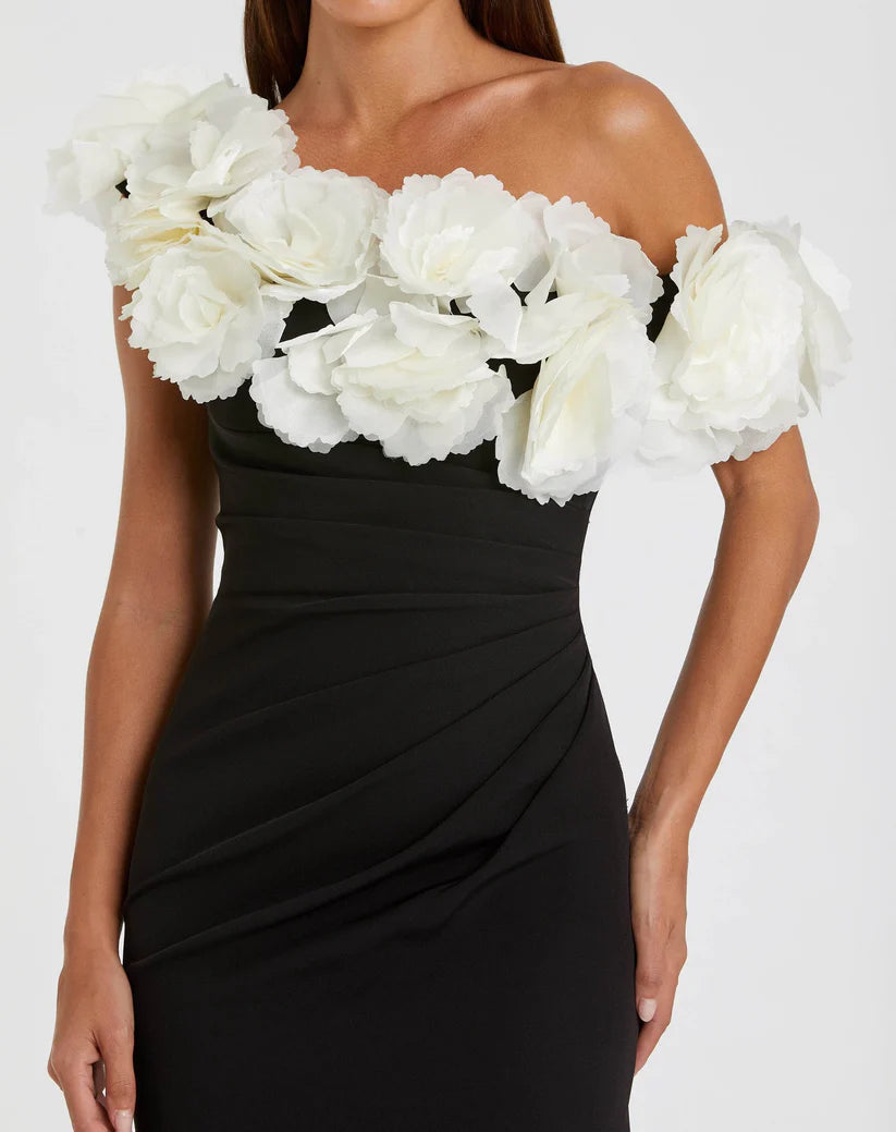 Mac Duggal Black And White Jersey Gown With 3D Flower Off The Shoulder Detail Glasscock Boutique