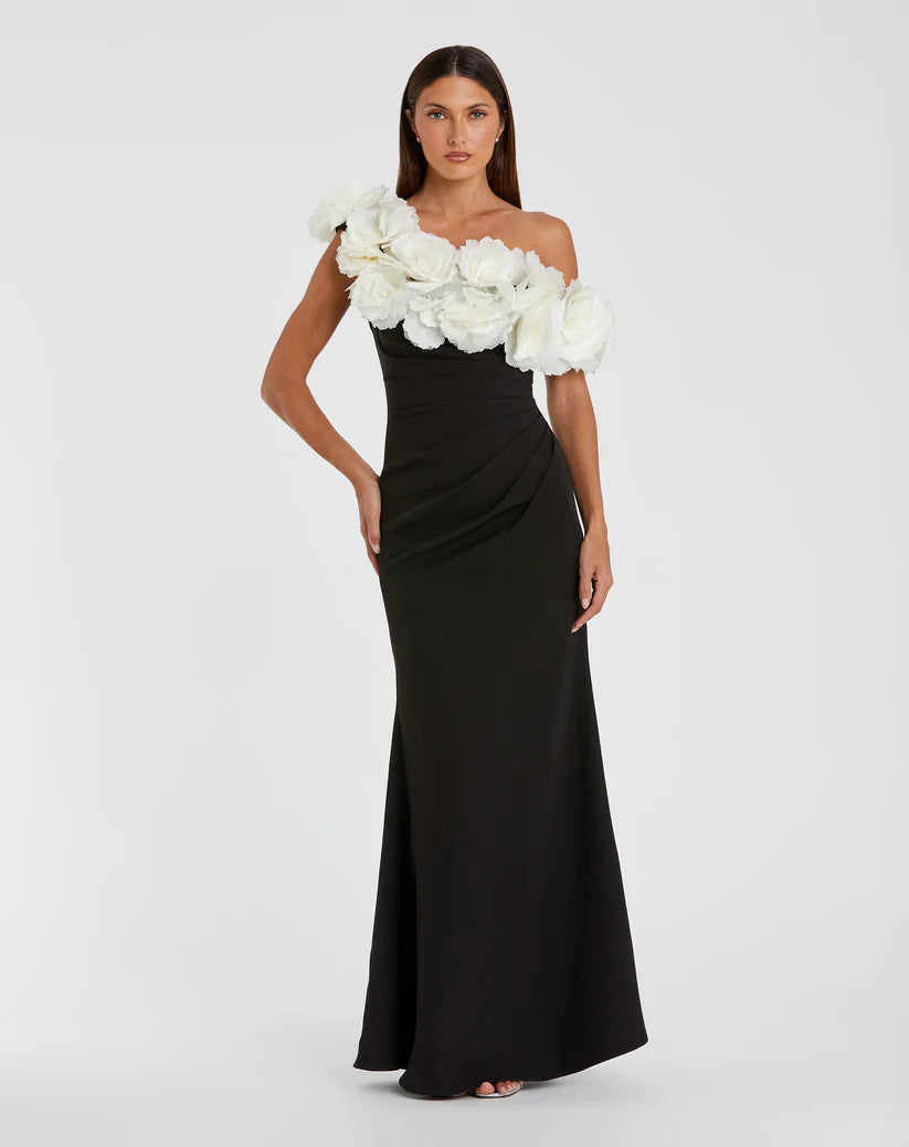 Mac Duggal Black And White Jersey Gown With 3D Flower Off The Shoulder Detail Glasscock Boutique