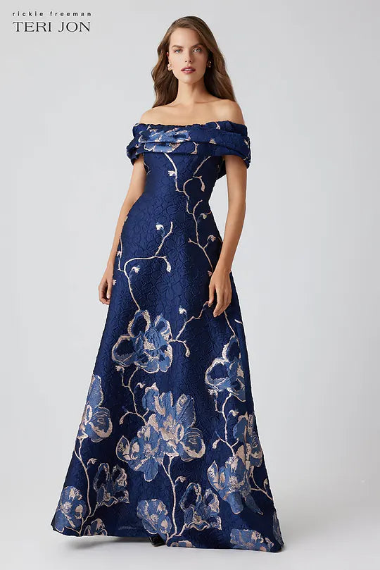 Teri Jon Off The Shoulder Floral Border Gown