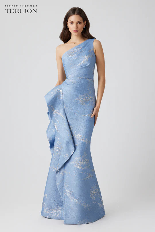 Teri Jon Metallic Jacquard One Shoulder Side Ruffle Gown Glasscock Boutique