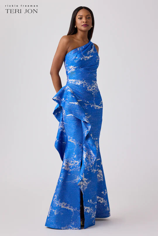 Teri Jon Metallic Jacquard One Shoulder Side Ruffle Gown Glasscock Boutique