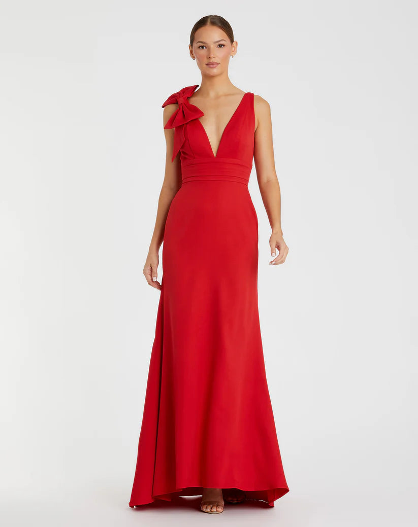 Mac Duggal Red Sleeveless V Neck Bow Detail Mermaid Gown Glasscock Boutique