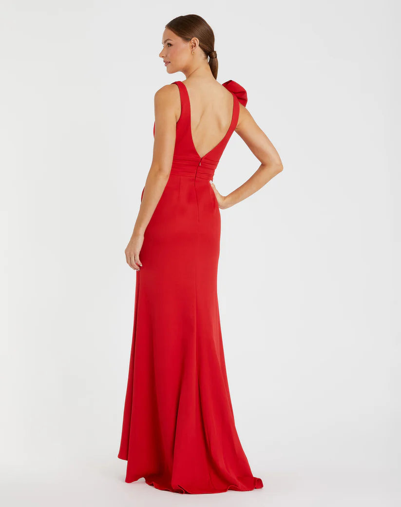 Mac Duggal Red Sleeveless V Neck Bow Detail Mermaid Gown Glasscock Boutique