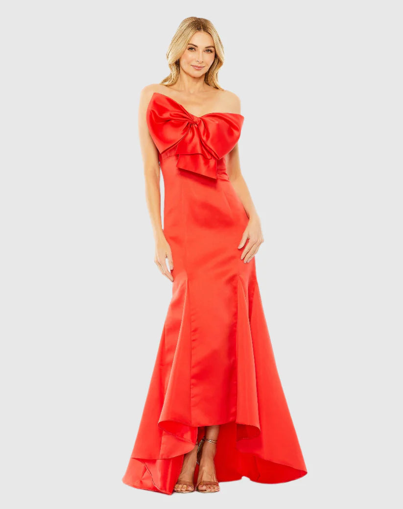 Mac Duggal Red Strapless Bow Mermaid Gown Glasscock Boutique