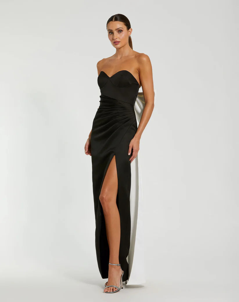 Mac Duggal Black Satin Strapless Bustier Gown With Oversized Bow Glasscock Boutique