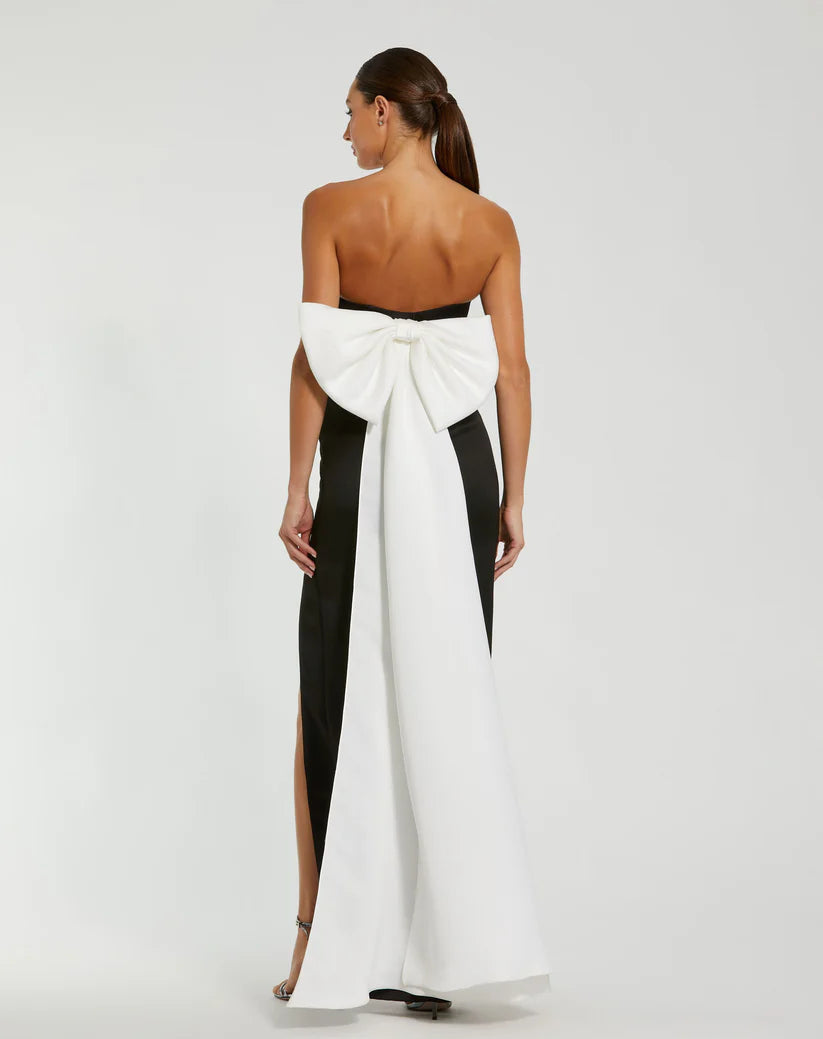 Mac Duggal Black Satin Strapless Bustier Gown With Oversized Bow Glasscock Boutique