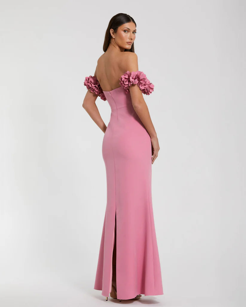 Mac Duggal Pink Crepe Off The Shoulder Gown With 3D Flowers Glasscock Boutique