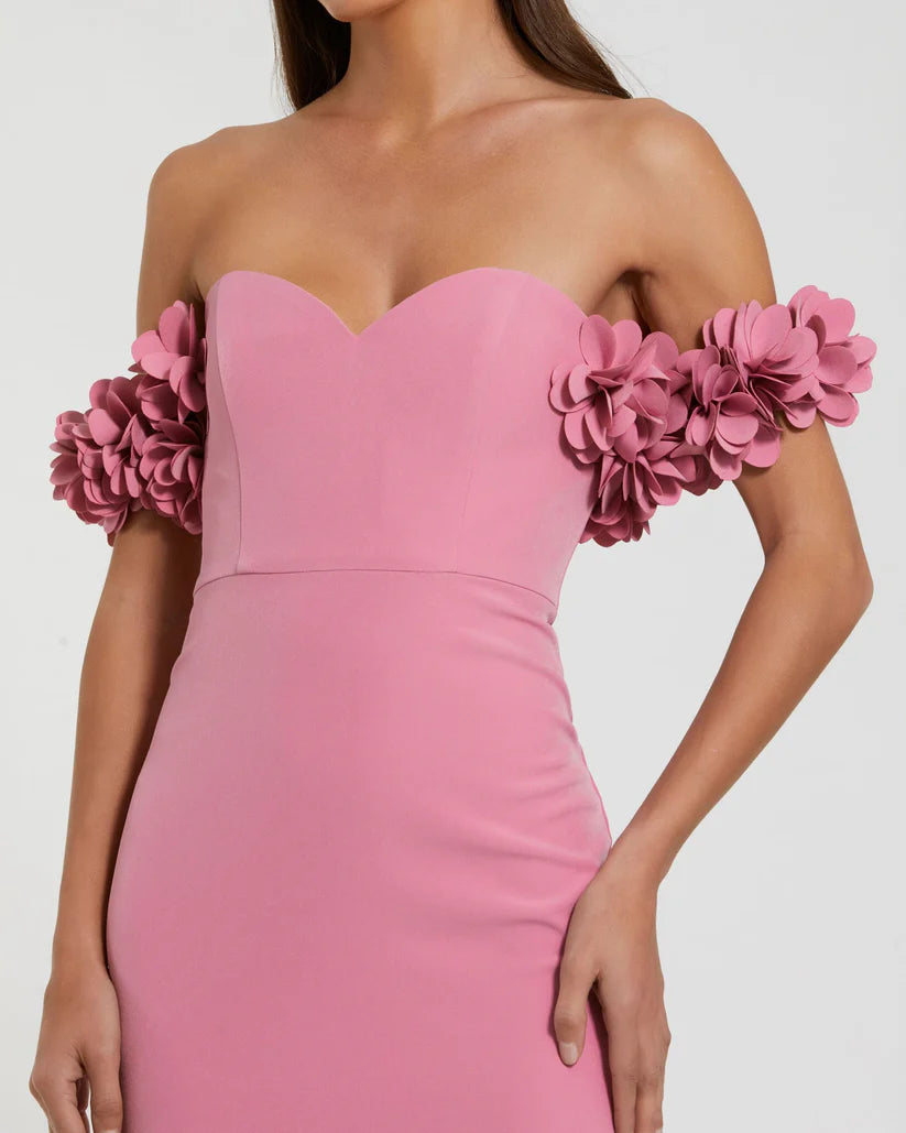 Mac Duggal Pink Crepe Off The Shoulder Gown With 3D Flowers Glasscock Boutique