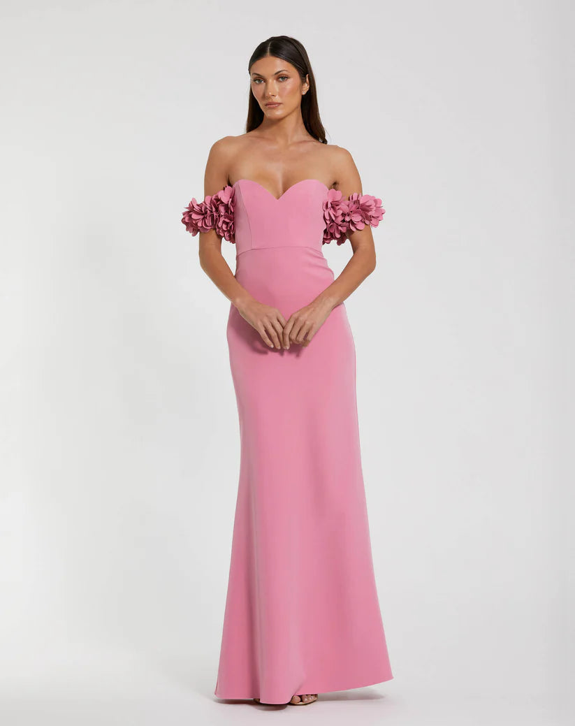 Mac Duggal Pink Crepe Off The Shoulder Gown With 3D Flowers Glasscock Boutique