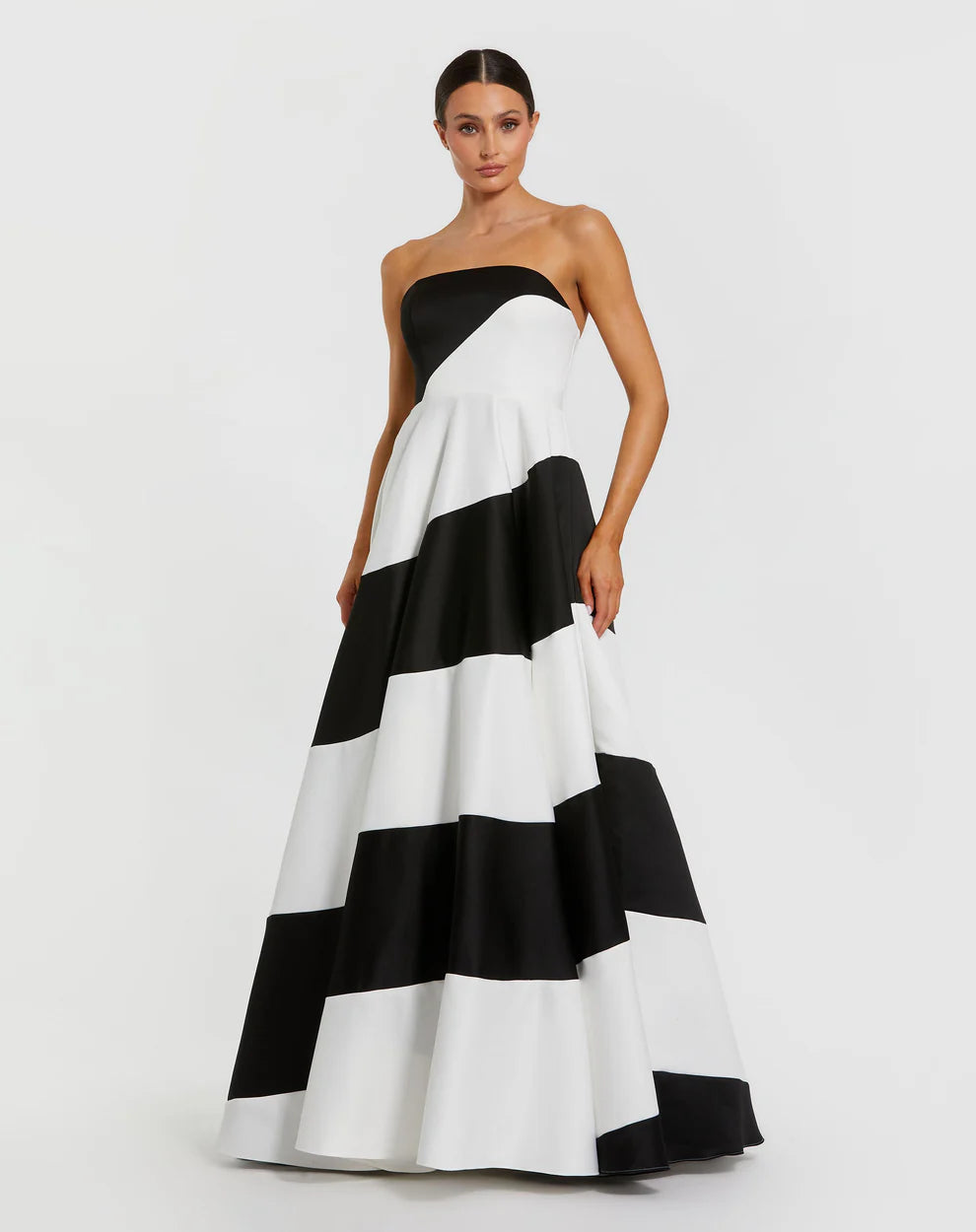 black and white strapless gown