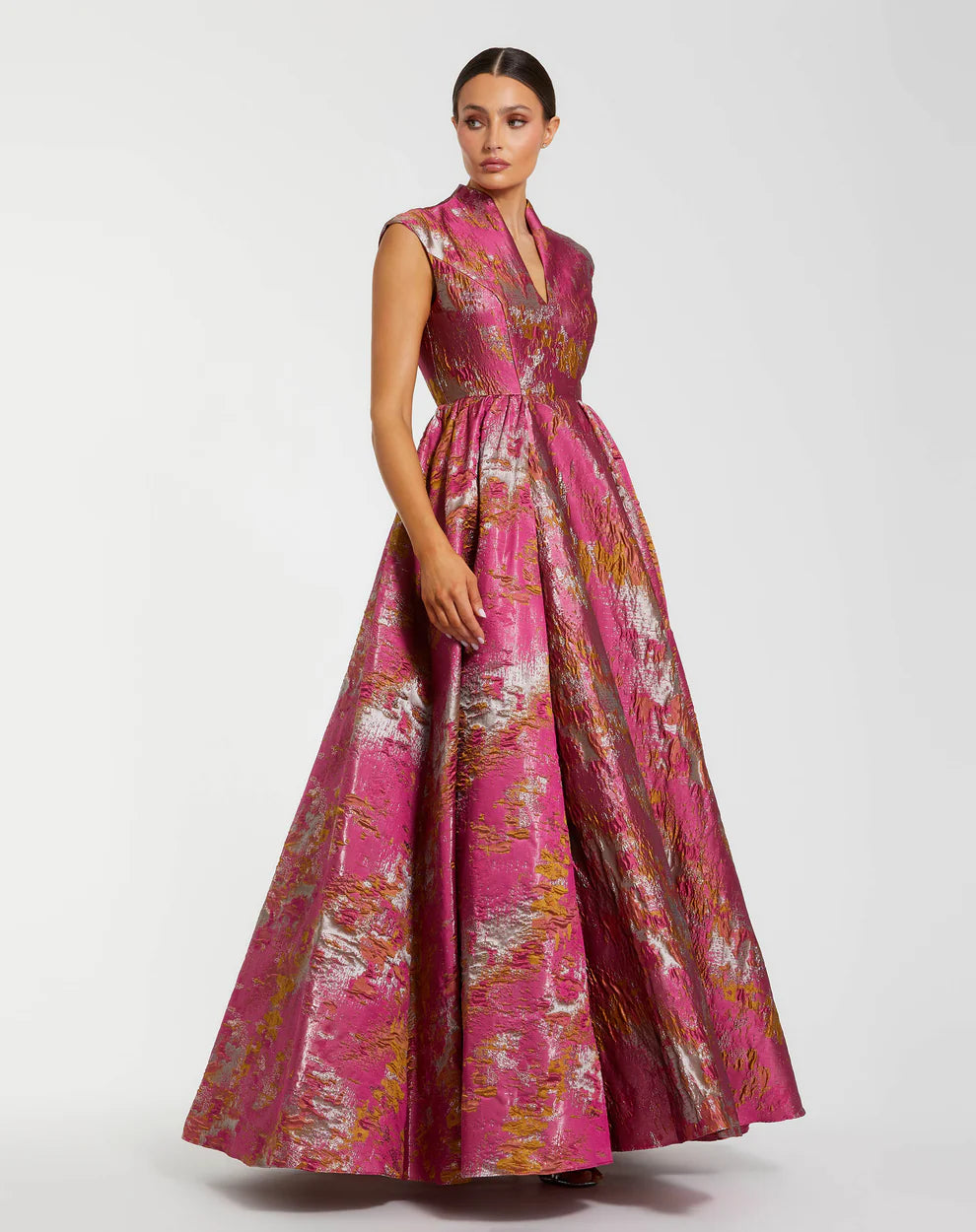 berry colored patterned gown