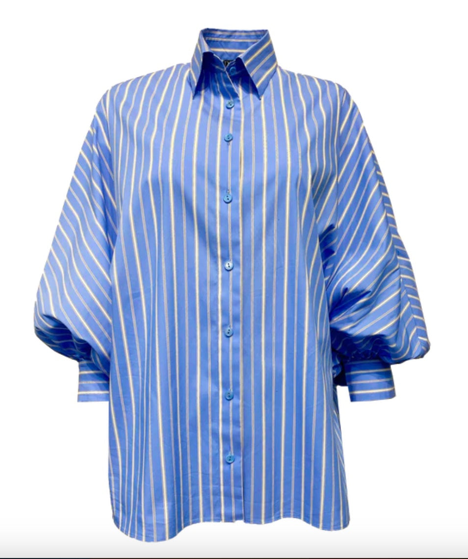 Oxford Blouse with Blouson Sleeve in Blue/White Stripe Glasscock