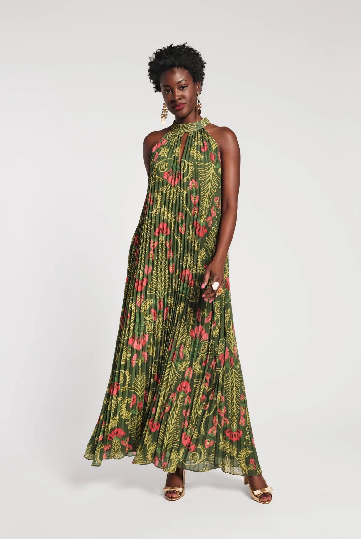 Frances Valentine Green Slim Pleated Maxi Dress Glasscock