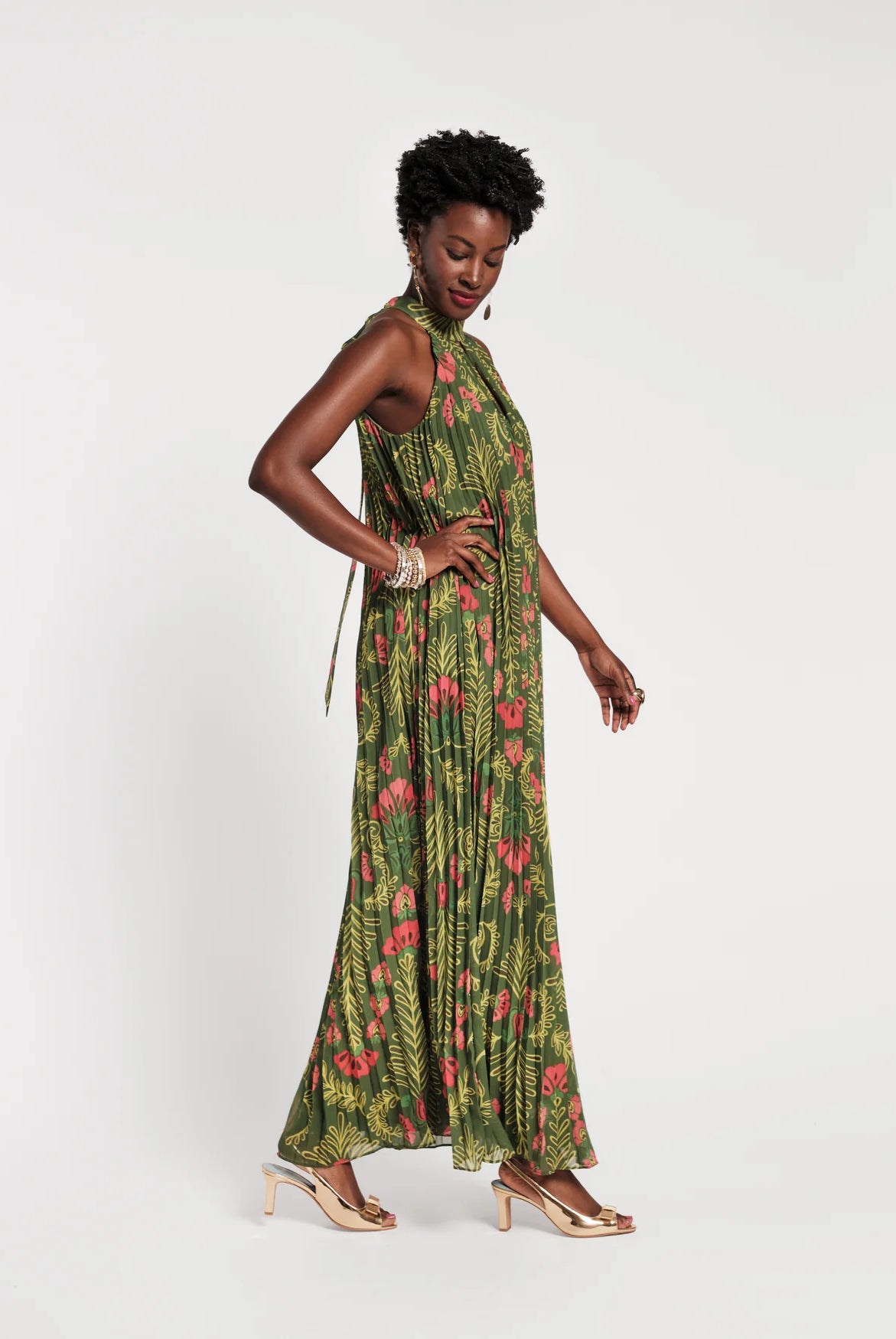 Frances Valentine Green Slim Pleated Maxi Dress Glasscock