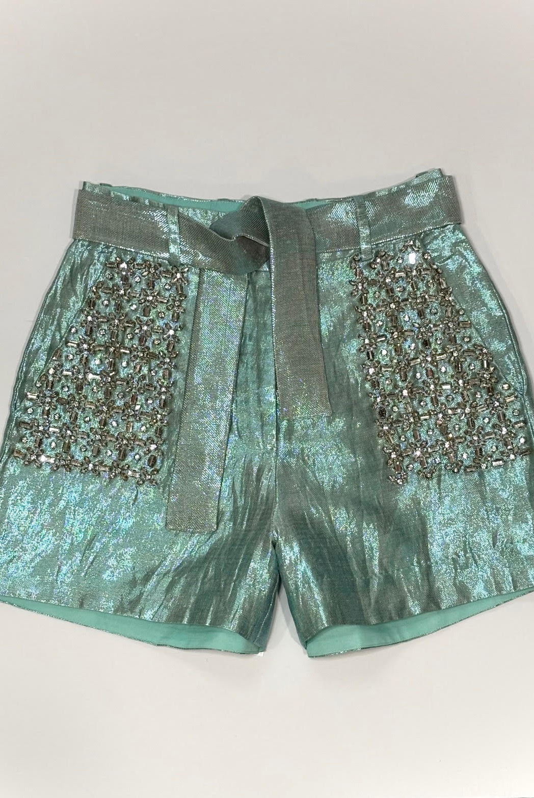 teal shimmer shorts
