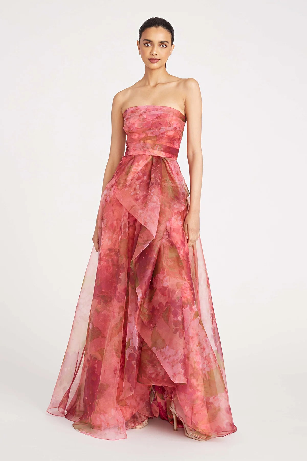 pink floral strapless gown