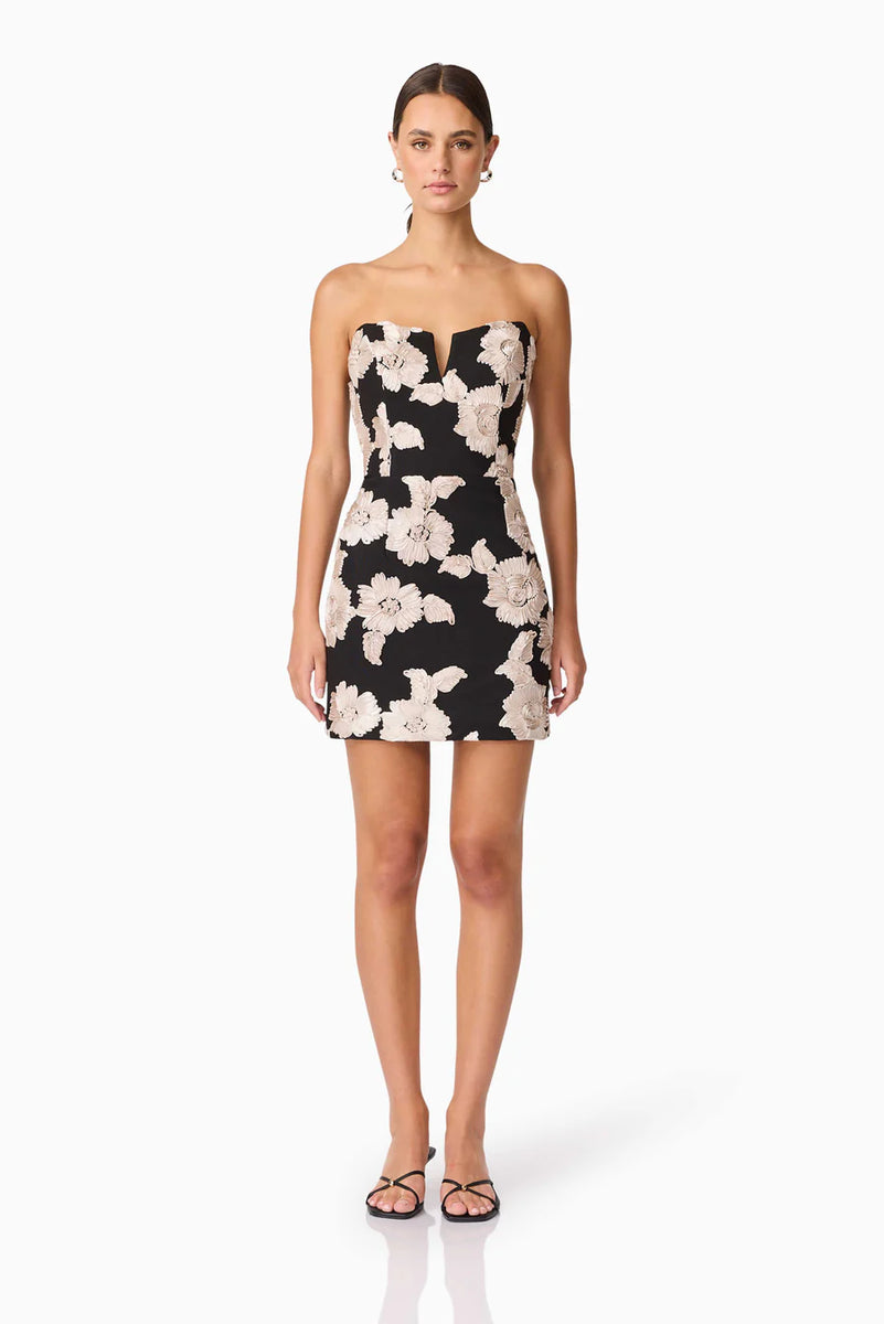 margaux mini dress Margaux Strapless Mini Dress - Black & Gold Floral - XS