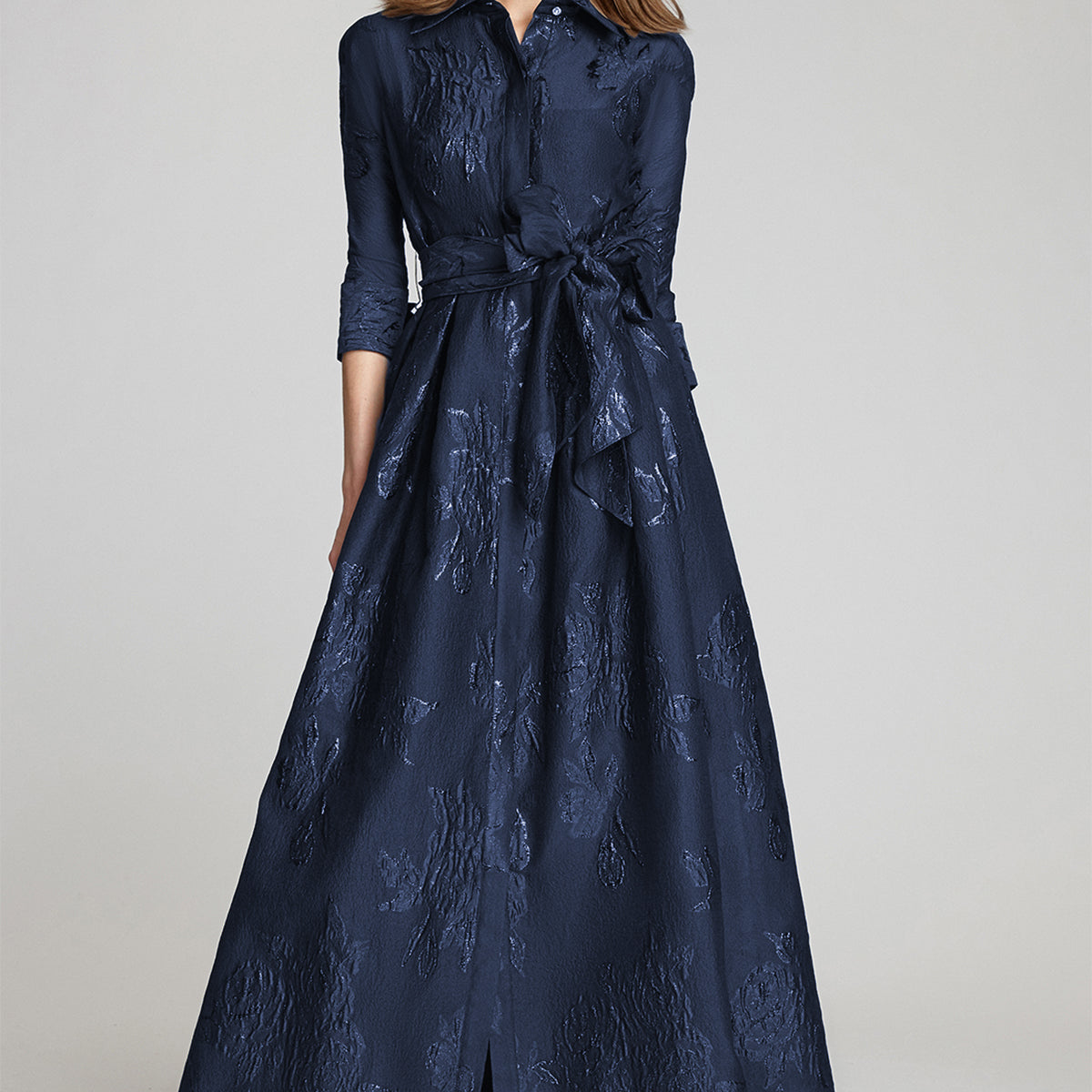 METALLIC JACQUARD SHIRTDRESS GOWN WITH FLORAL PRINT  Glasscock Boutique