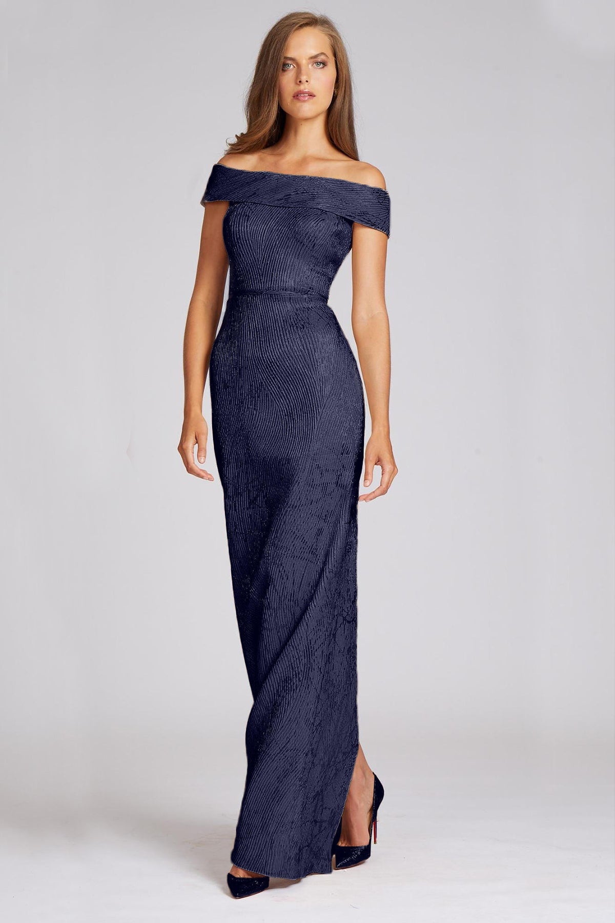 OFF-THE-SHOULDER SAPPHIRE COLUMN GOWN Glasscock Boutique