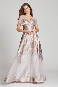 METALLIC JACQUARD GOWN WITH INVERTED PLEATS