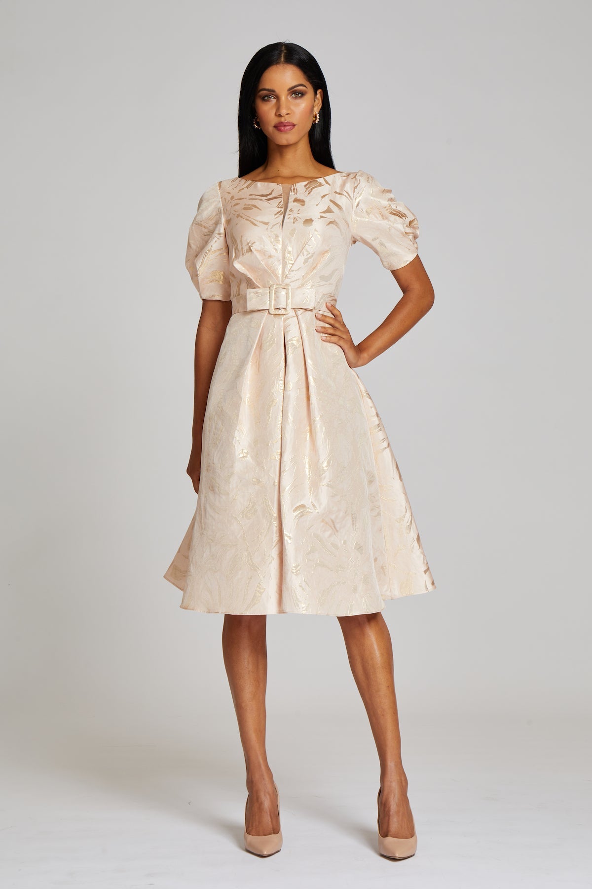 METALLIC JACQUARD PUFF SLEEVE DRESS Glasscock Boutique