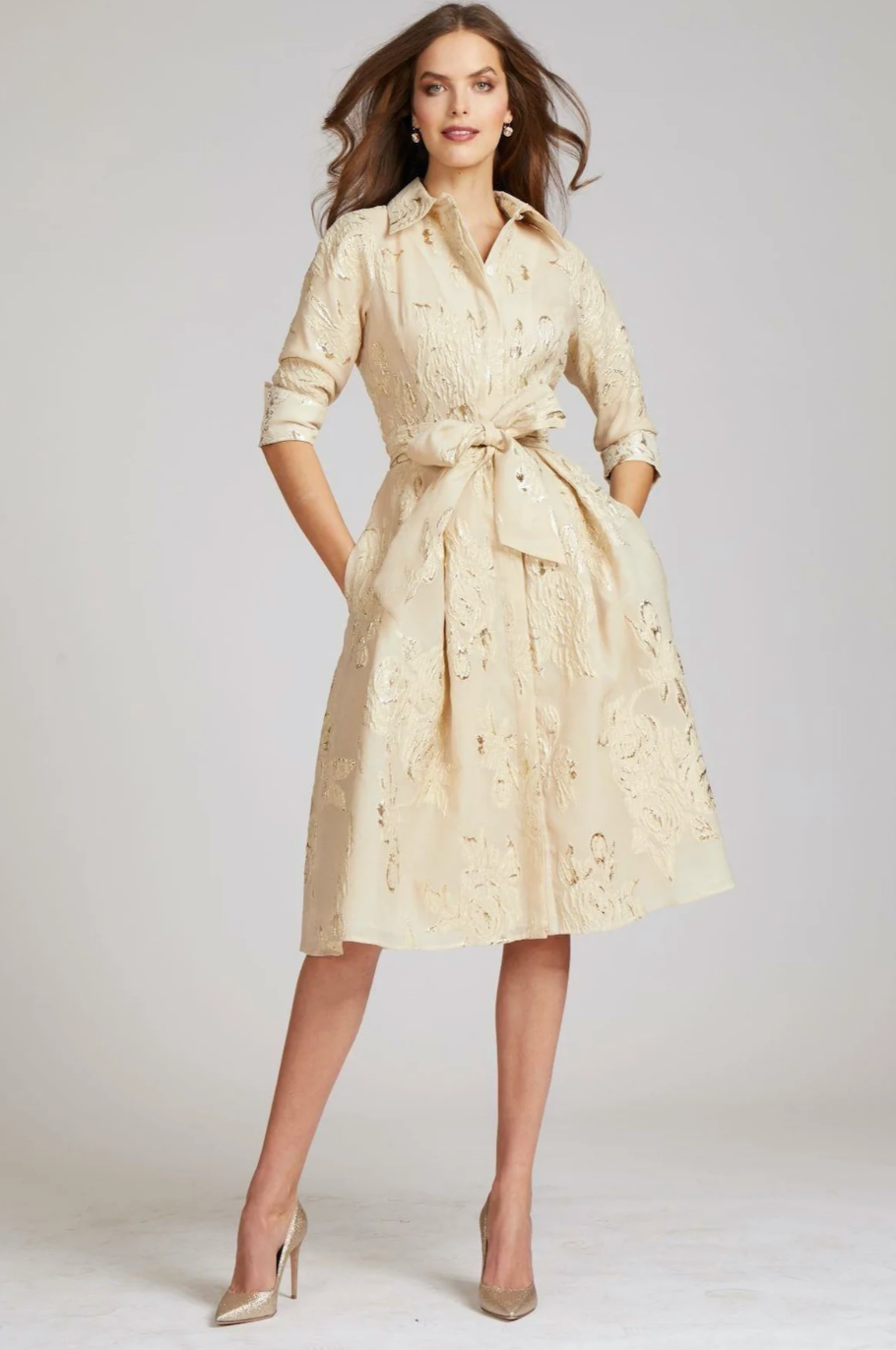 Teri Jon - Metallic Jacquard Shirtdress With Floral Print Glasscock Boutique
