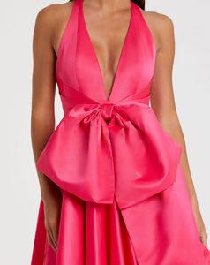 Mac Duggal Pink Sleeveless Deep V Satin Gown With Oversized Bow