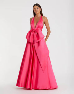 Mac Duggal Pink Sleeveless Deep V Satin Gown With Oversized Bow