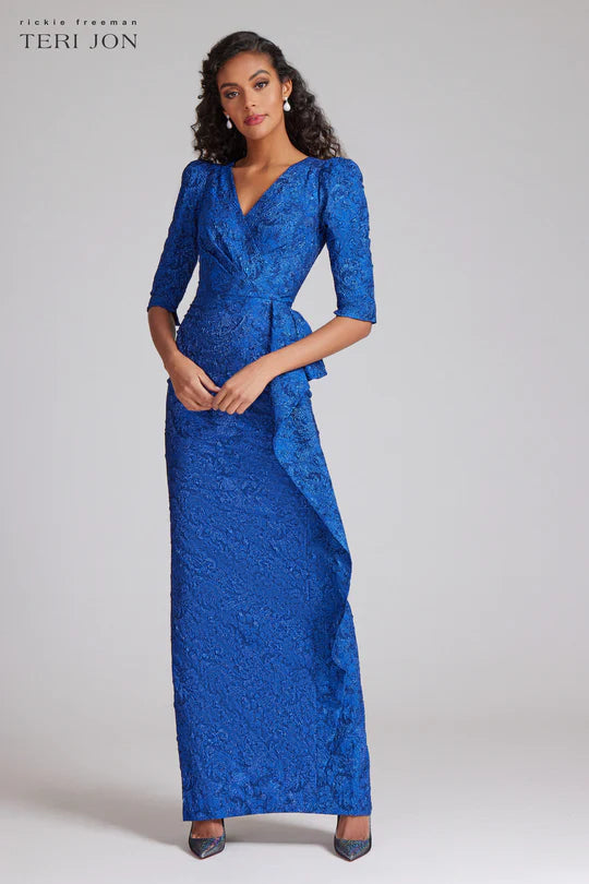 Teri Jon Peplum stretch metallic jacquard gown