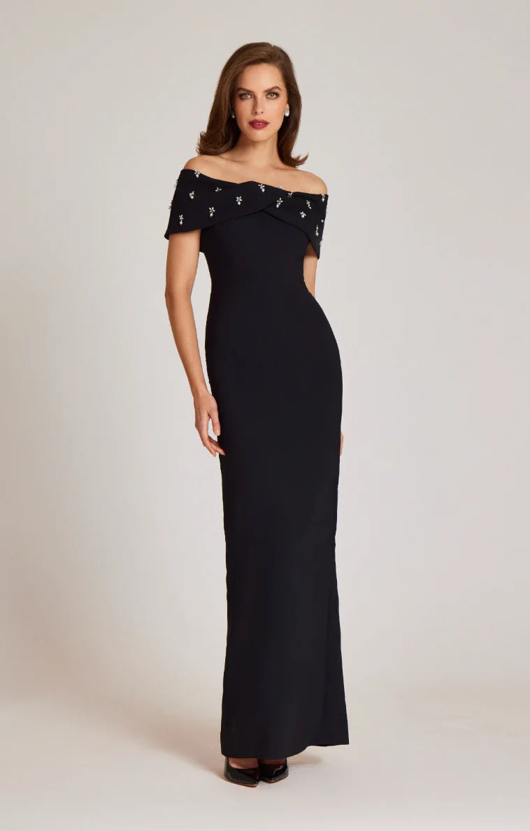 Teri Jon Crepe Off Shoulder Jewel Trim Portrait Column Gown