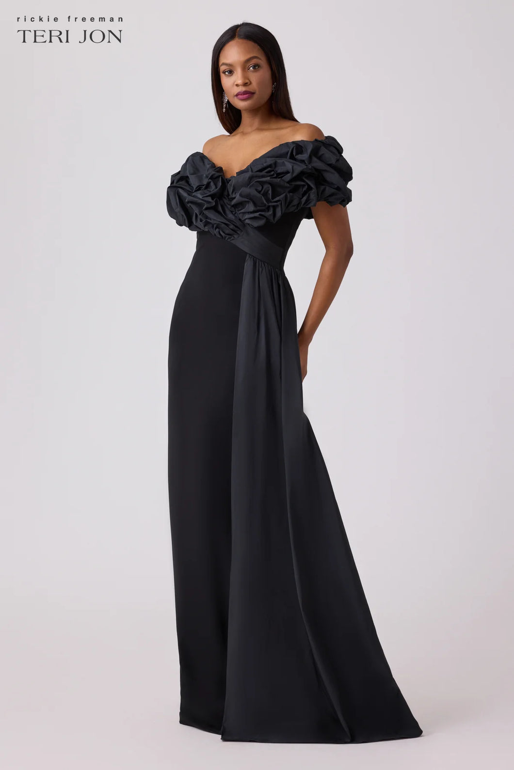 Teri Jon Scrunch Taffeta And Crepe Formal Evening Gown