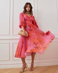 Teri Jon Printed Chiffon Pleated Full Sleeve Dress