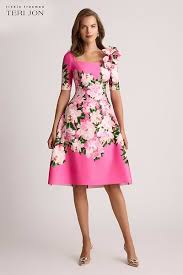 Teri Jon Scuba Square Neck 3D Flower Shoulder Dress