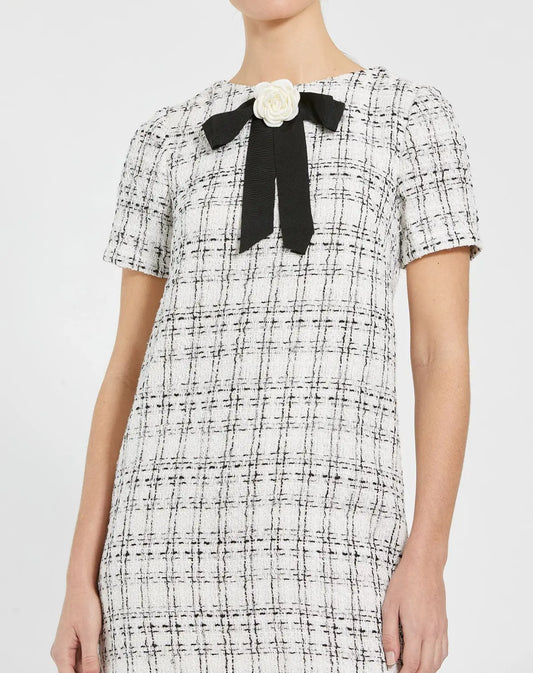 Mac Duggal Short Sleeve High Neck Boucle Mini Dress With Bow