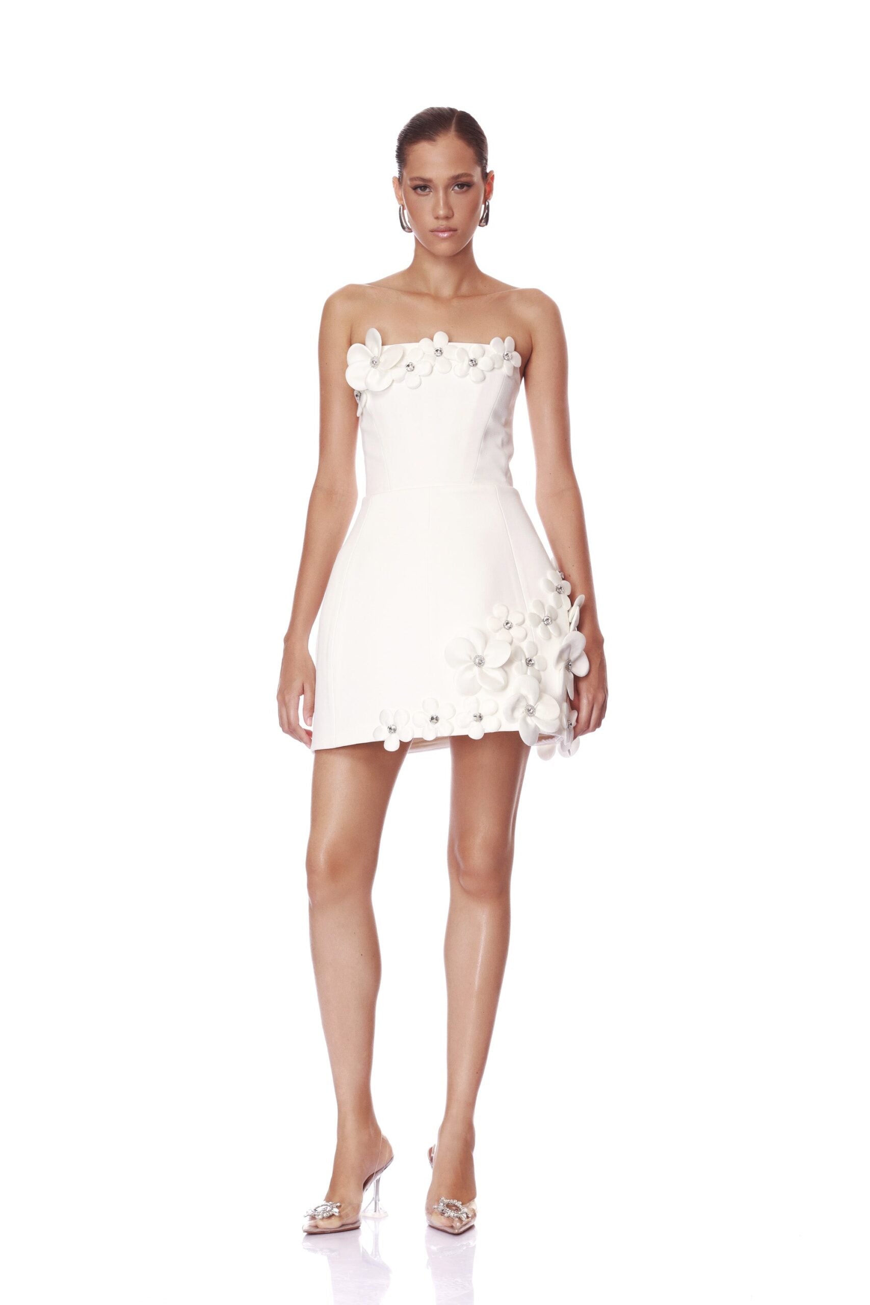 Bronz and Banco Estelle White 3D Strapless Mini Dress Glasscock