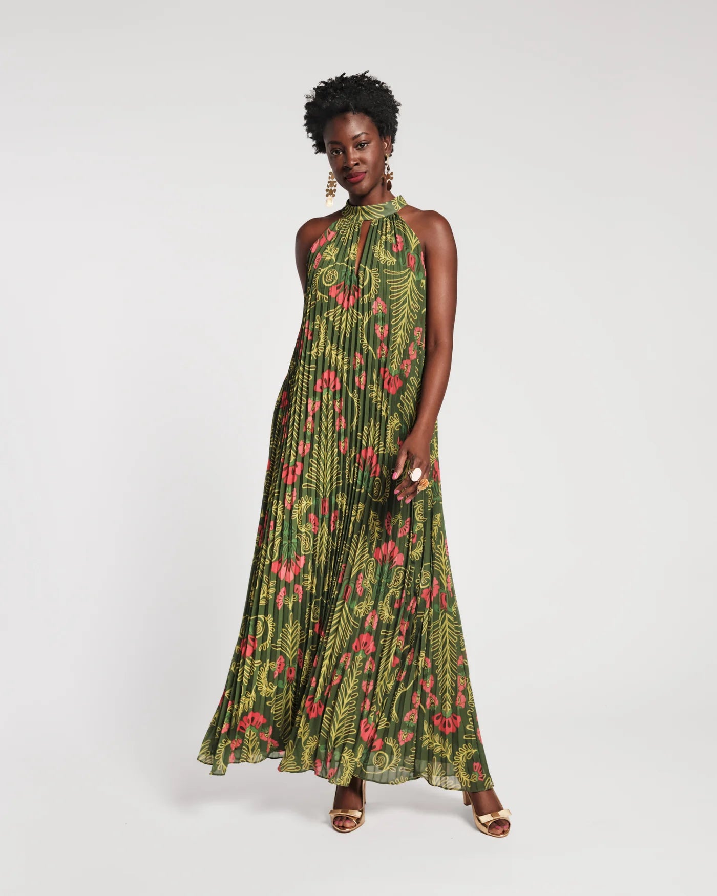 Frances Valentine Green Slim Pleated Maxi Dress