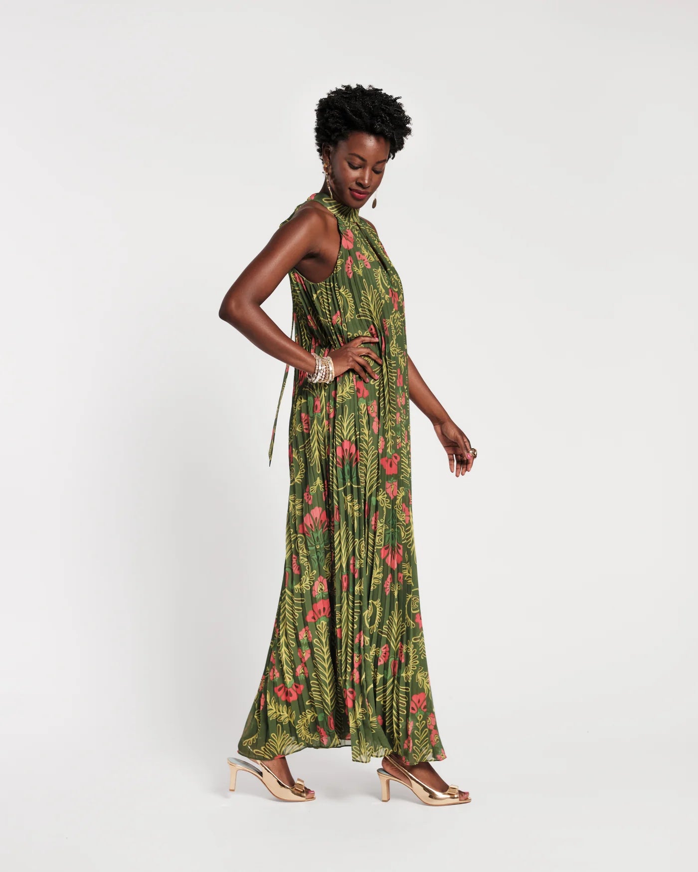 Frances Valentine Green Slim Pleated Maxi Dress Glasscock