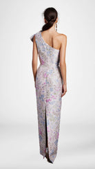 lilac floral one shoulder gown