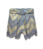 Blue shorts with gold lace pattern and belt