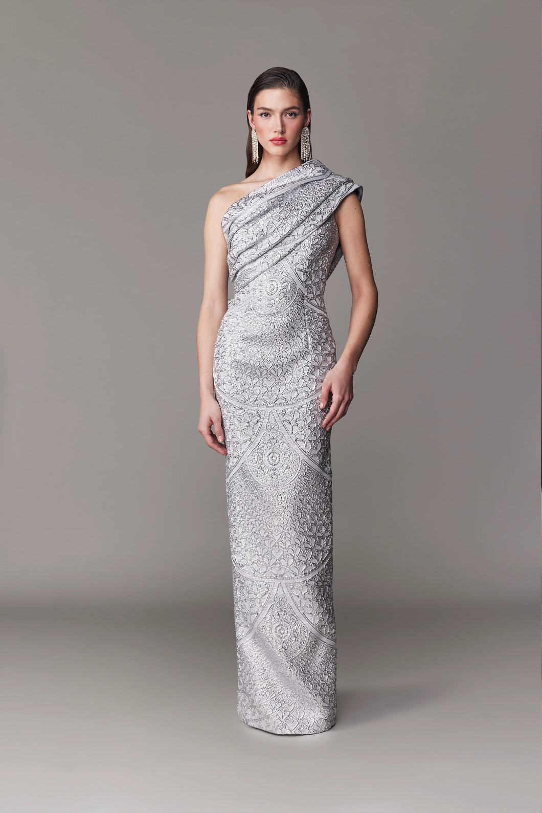 Frascara Silver One Shoulder Gown