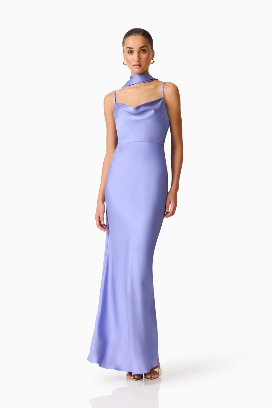 long lavender gown with neck scarf