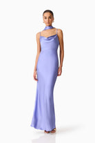 long lavender gown with neck scarf
