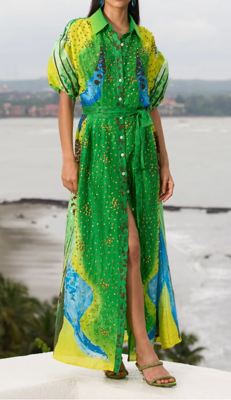 green dress boutique Green Botanical Sheer Overlay Maxi Dress